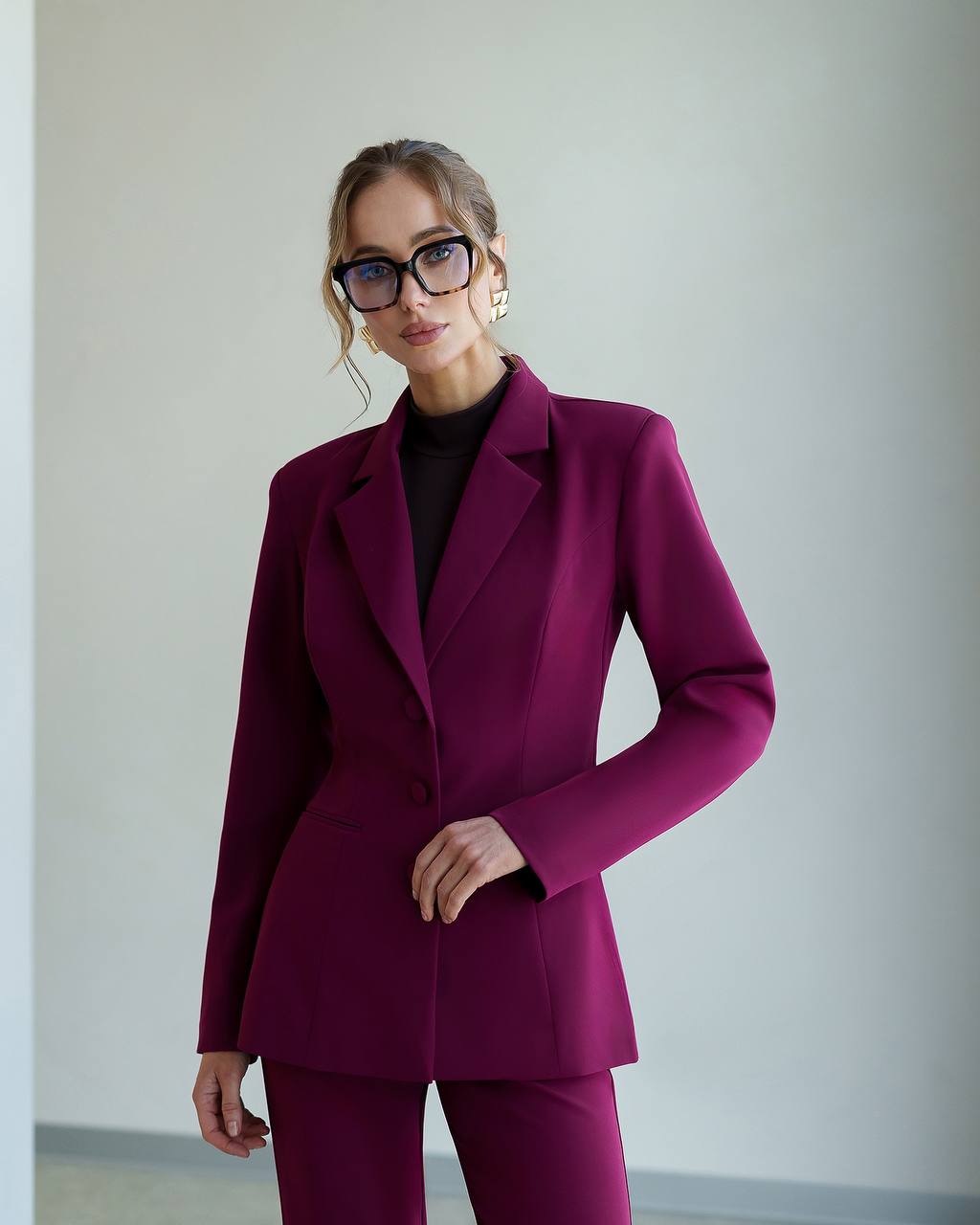 Womens Flared Pants Suit with Blazer Premium Crepe-Diagonal