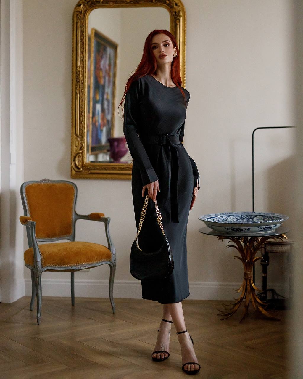 Elegant Black Silk Dress with Belt Long Sleeves Perfect for Formal Events