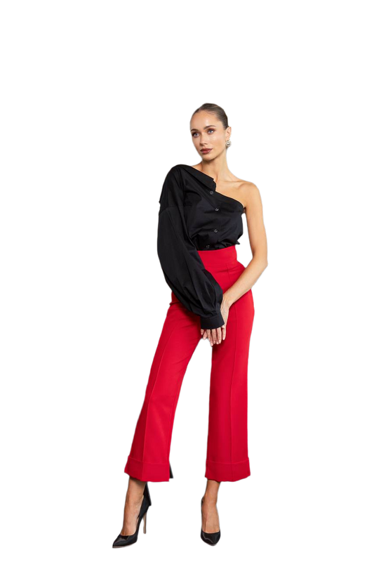 Womens Diagonal Crepe Culottes High Waist Red Black