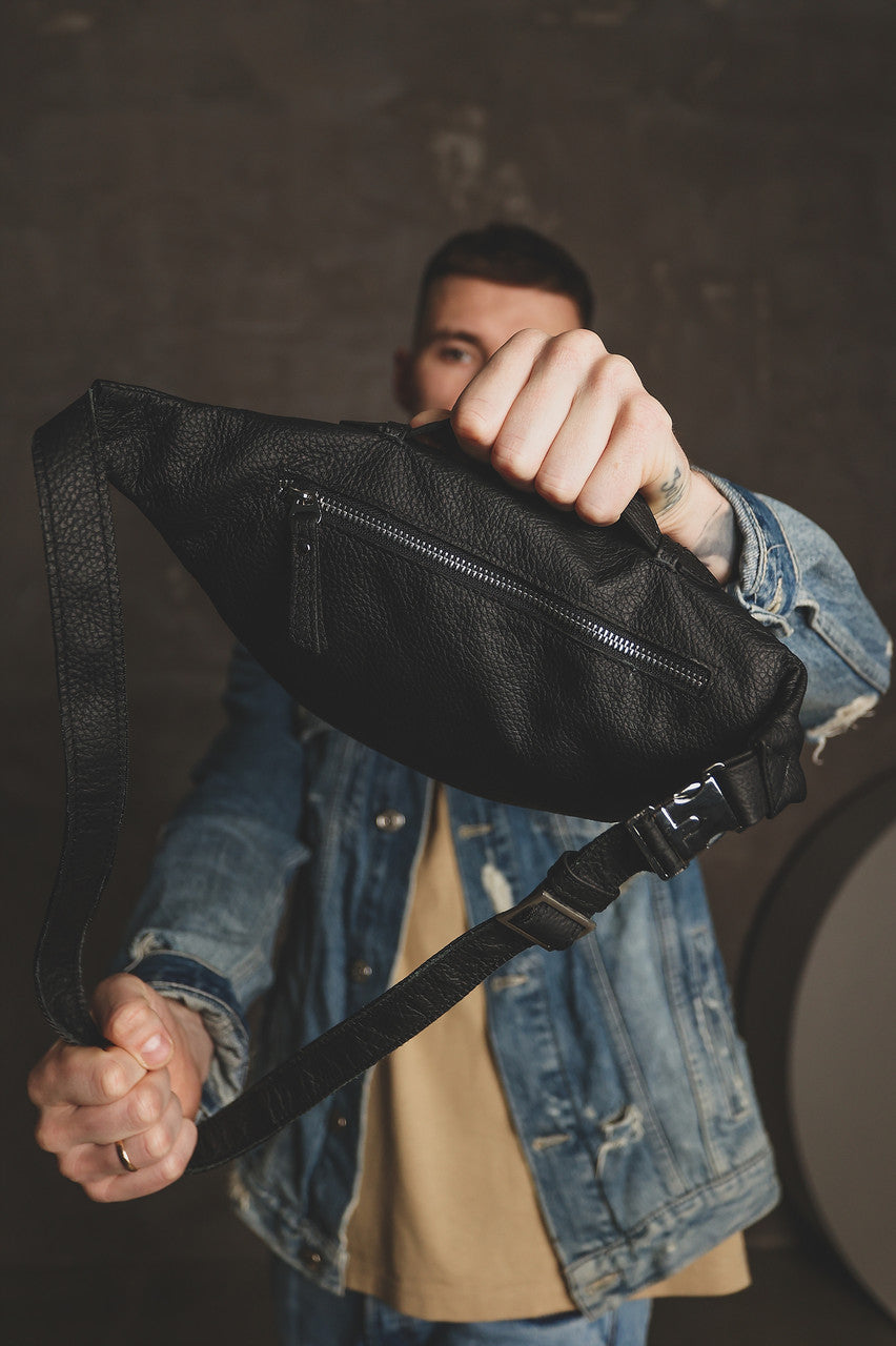 Mens Handmade Genuine Leather Banana Bag Black Waist Bag Fanny Pack