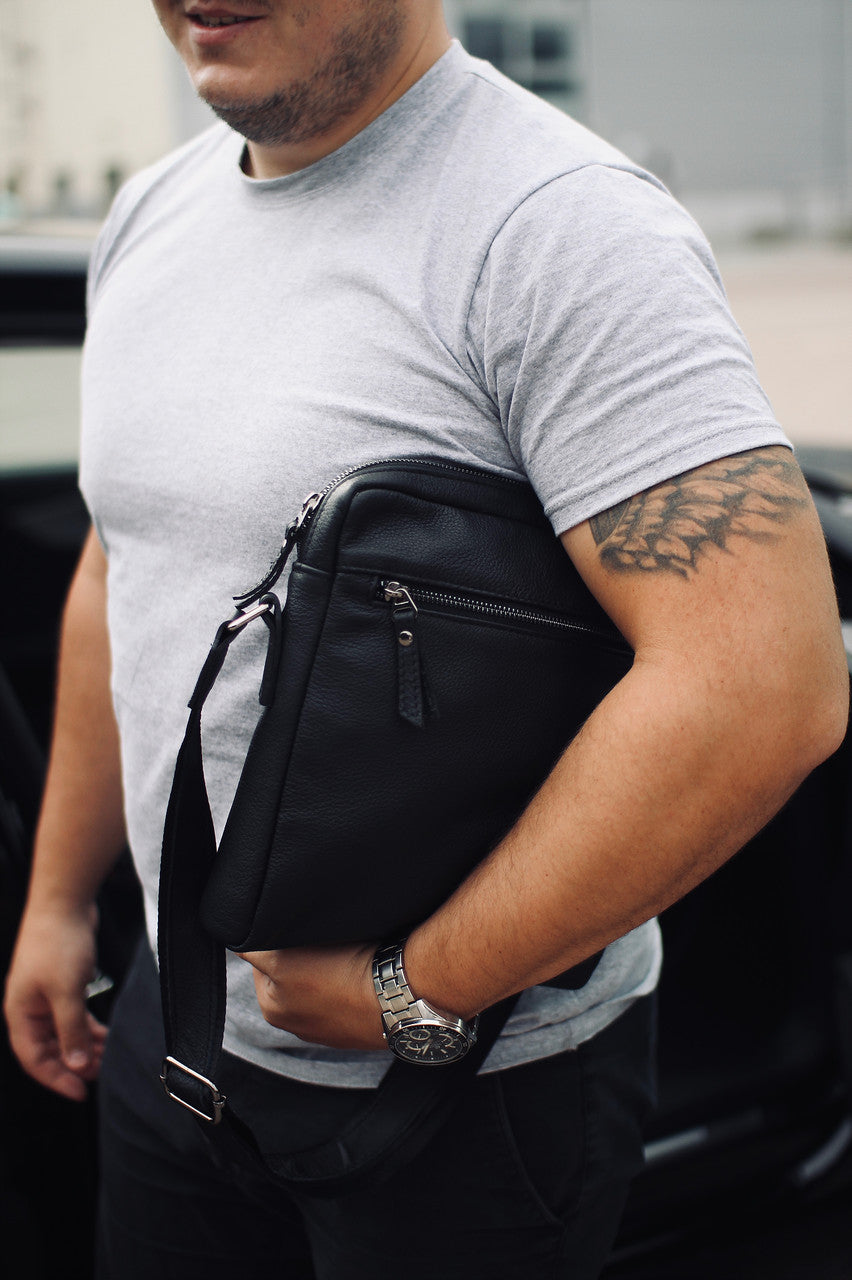 Handmade Mens Black Genuine Leather Shoulder Bag Messenger
