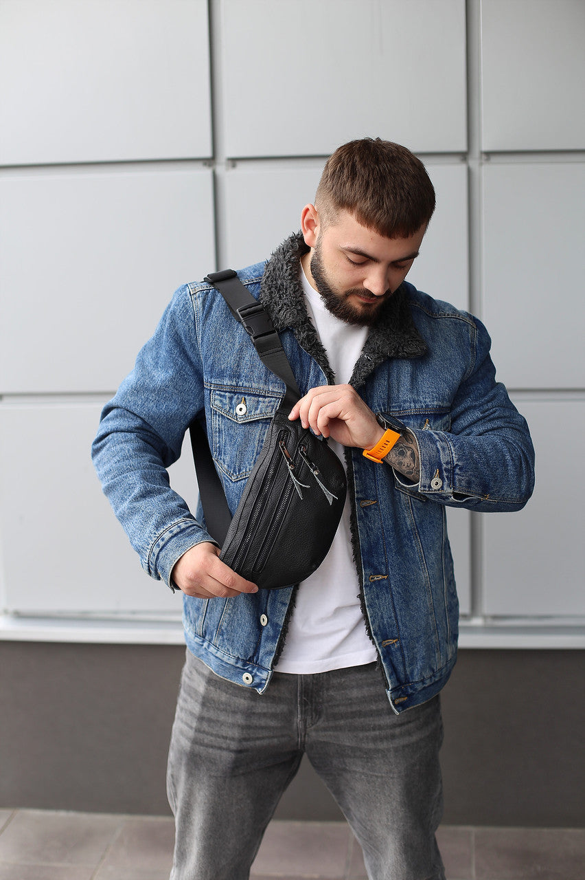 Handmade Mens Black Genuine Leather Waist Bag Banana Bag