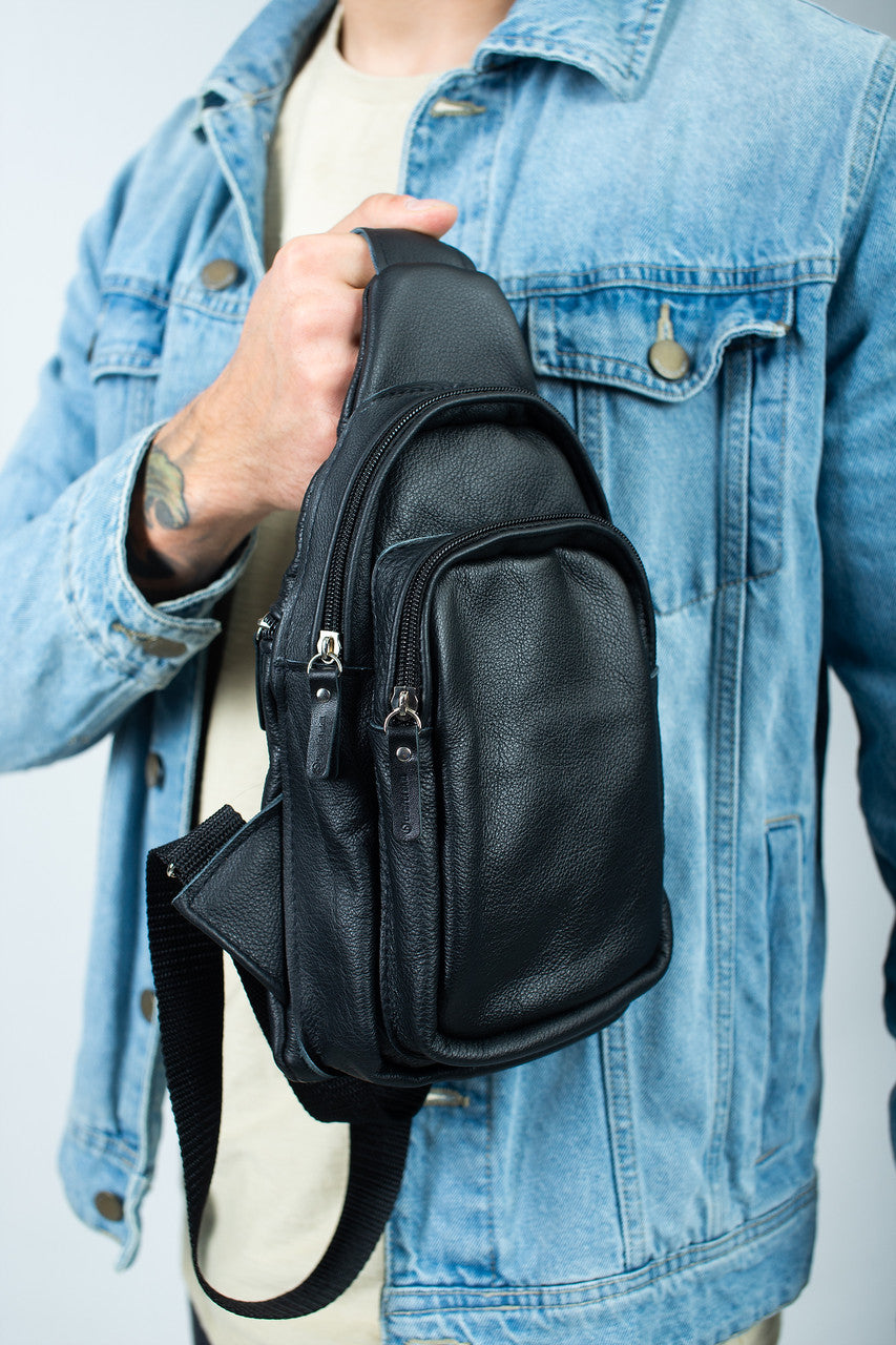 Handmade Genuine Leather Mens Chest Bag Black Leather Sling Bag Gift for Him