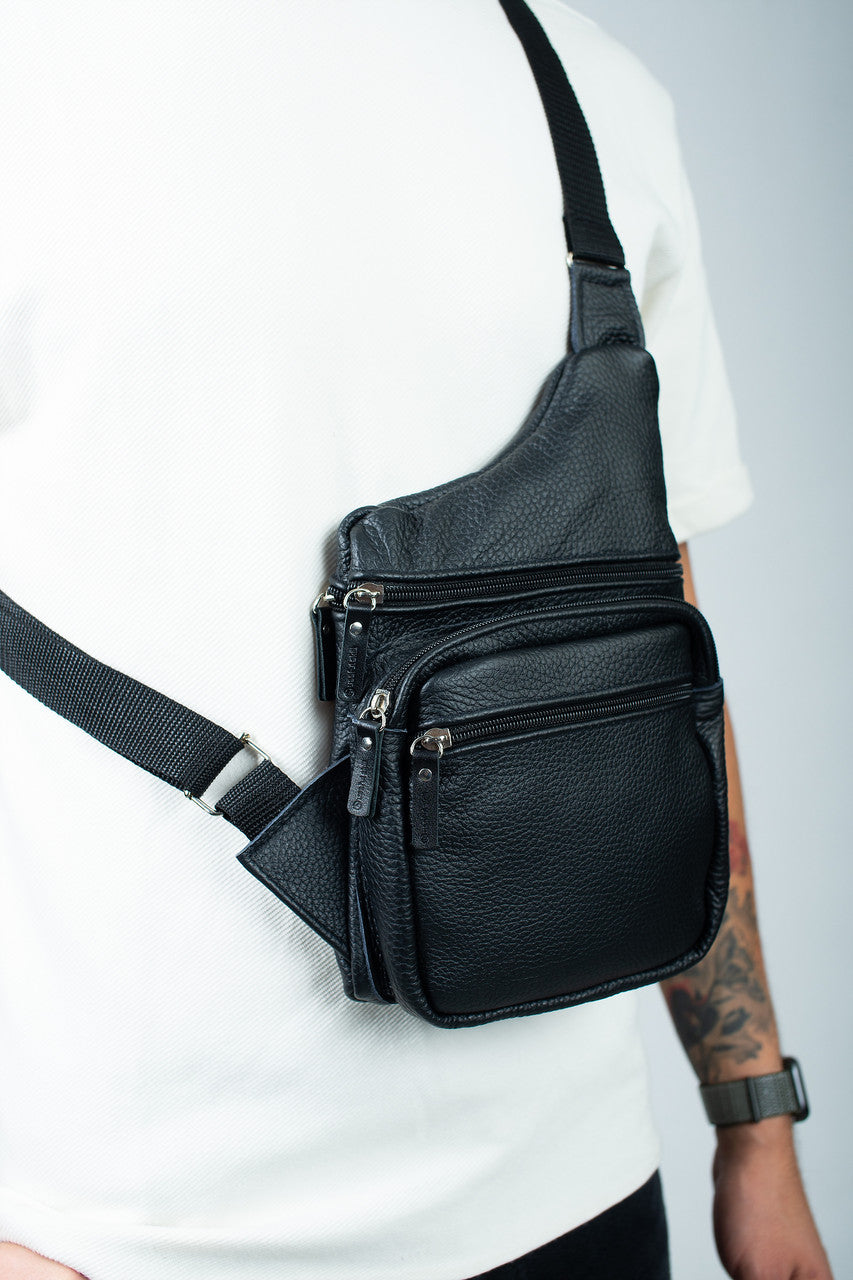Mens Black Genuine Leather Chest Bag Handmade Gift for Him Sling Crossbody