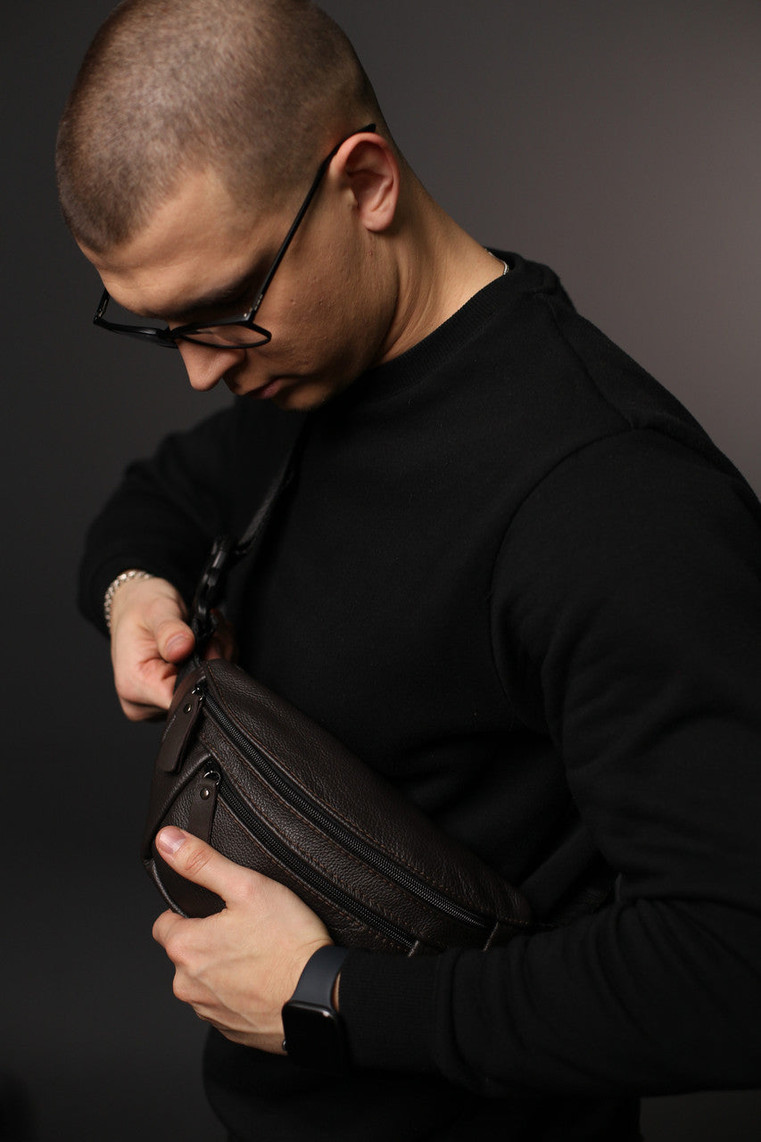 Handmade Men Genuine Leather Brown Waist Bag Banana Bag Gift for Him