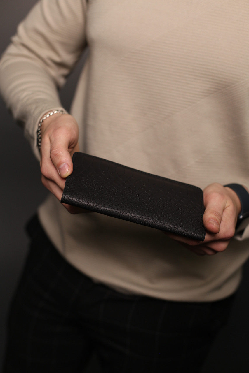 Handmade Mens Wallet Genuine Leather Black Python Embossing Gift for Him