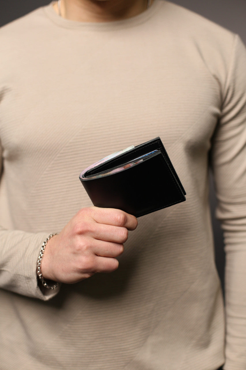 Handmade Mens Bifold Wallet Genuine Leather Black Gift for Him