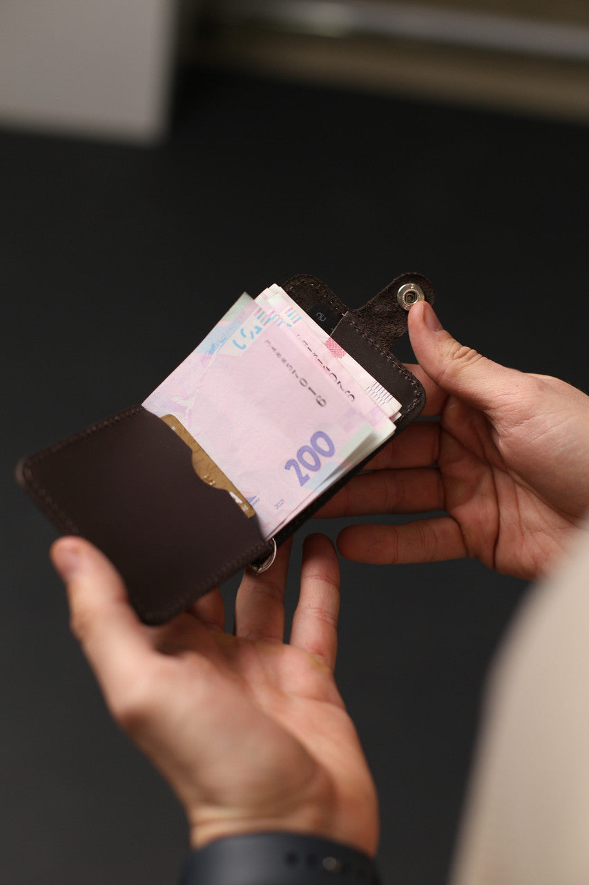 Mens Leather Money Clip Brown Handmade Gift for Him Slim Bill Holder with Card Slots