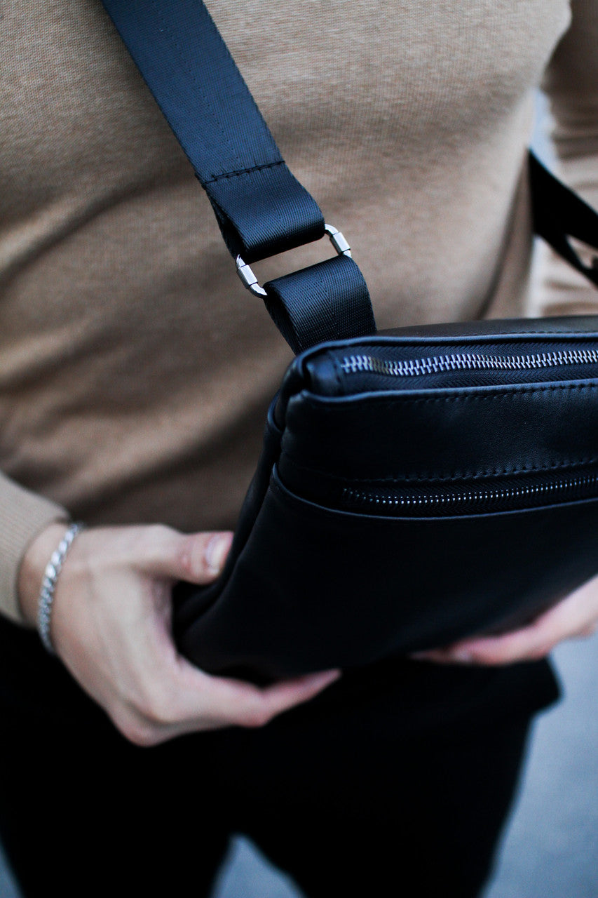 Handmade Genuine Smooth Leather Messenger Bag Black Mens Shoulder Bag Gift for Him