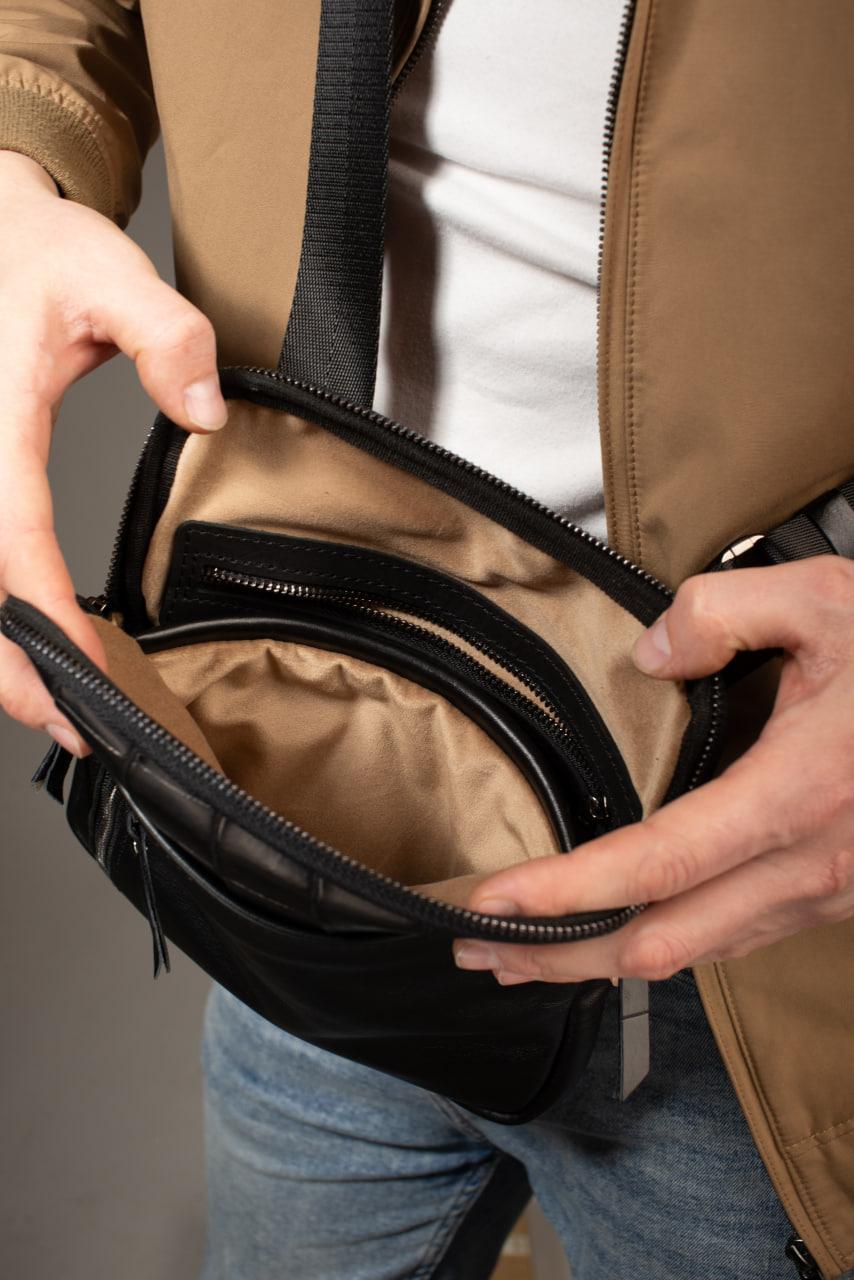 Handmade Mens Black Leather Crossbody Bag Crocodile Trim Messenger Gift for Him