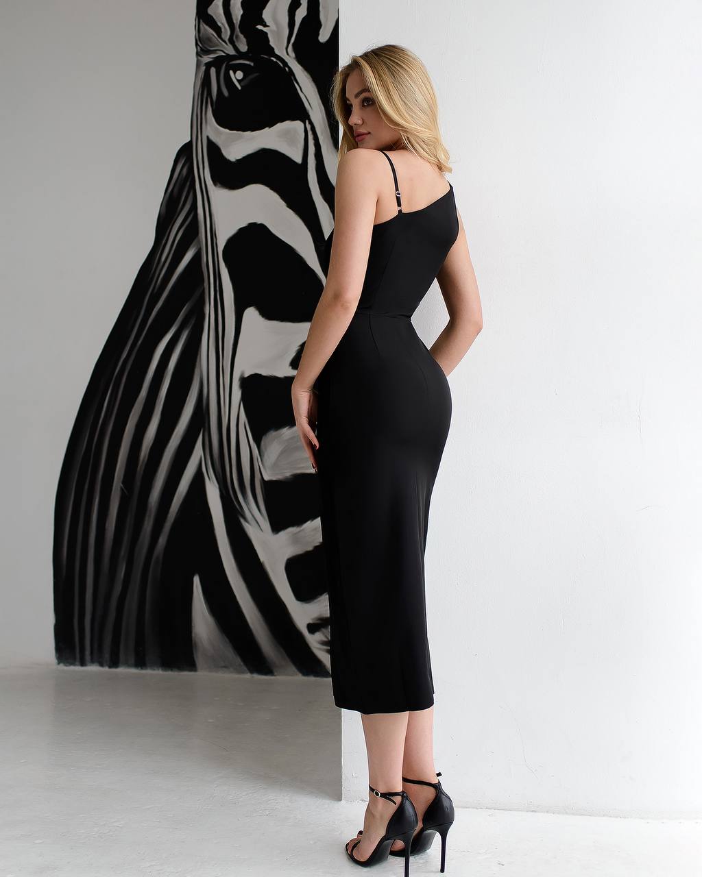 Elegant Asymmetric Neck Midi Dress with Side Slit in Premium Diagonal Crepe