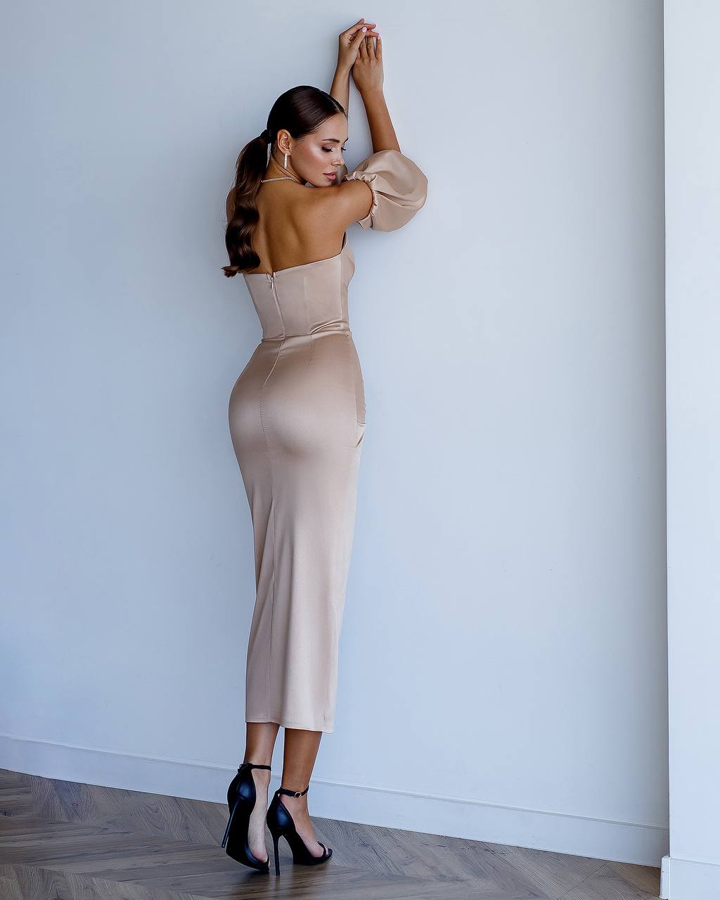 Elegant Royal Satin Midi Dress for Women with Puff Sleeves and Front Slit