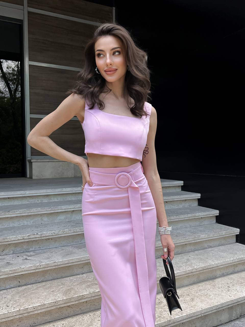 Womens Pencil Skirt and Top Set in Diagonal Crepe