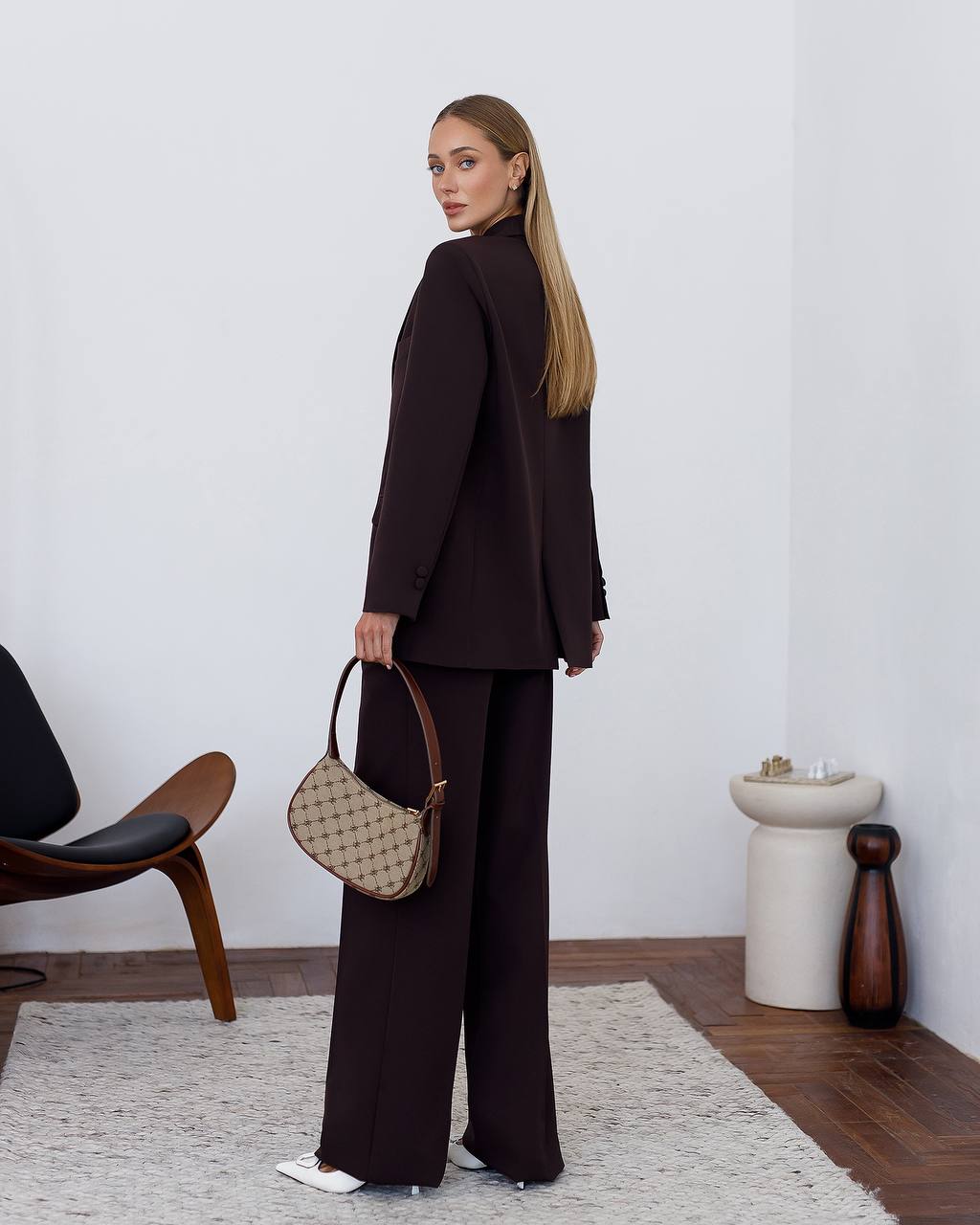 Womens Double Suit Premium Diagonal Crepe Black Chocolate