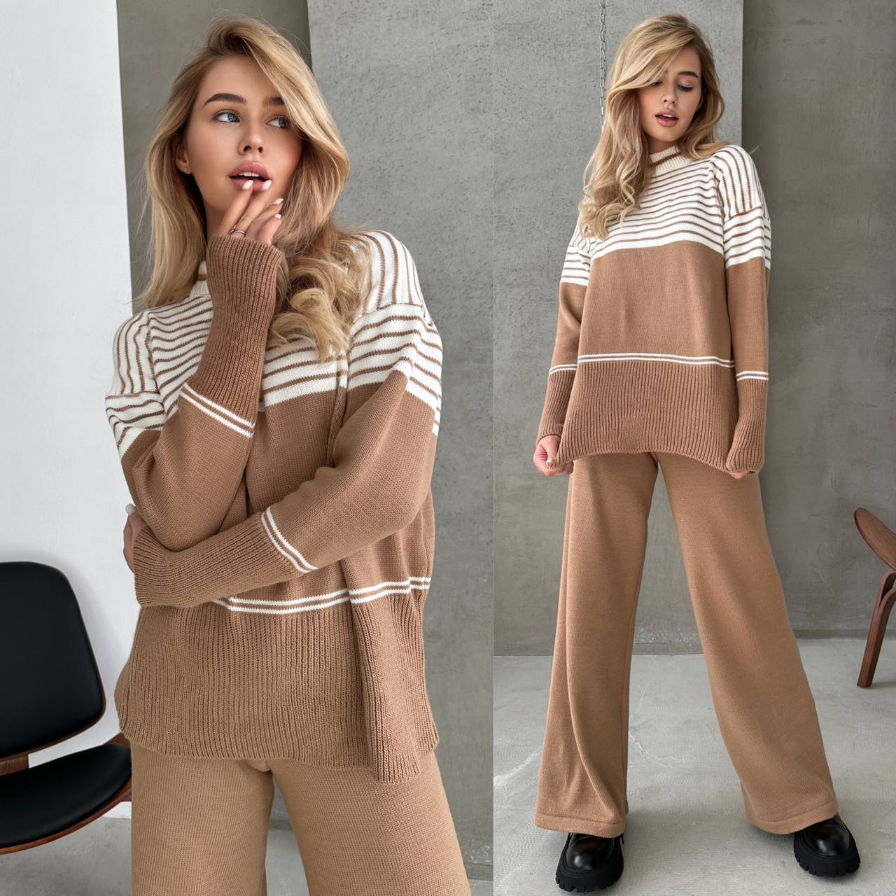 Woman wearing a brown and white striped sweater with matching pants in a minimalistic setting.