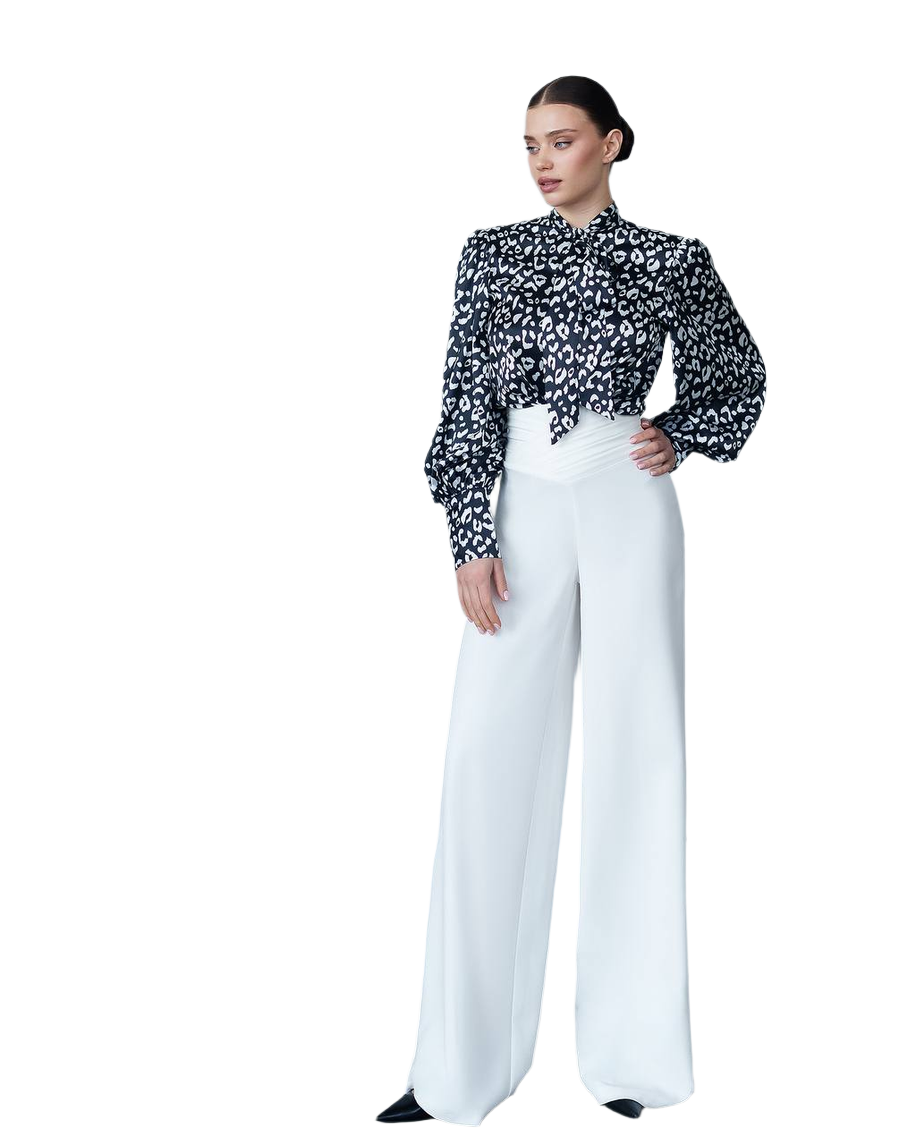 Womens Satin Printed Blouse with Tie Neck in Black White Leo