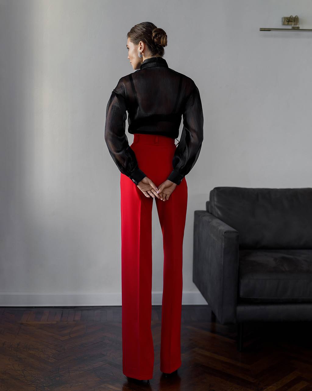Women's High Waist Wide Leg Trousers in Suiting Crepe Diagonal Fabric