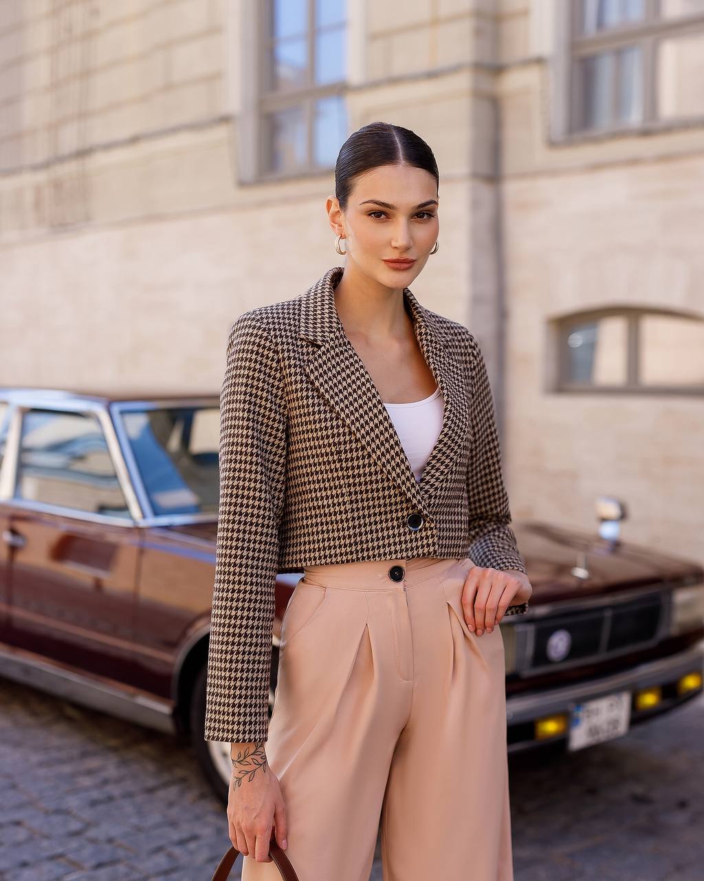 Women's Premium Houndstooth Pattern Blazer Cropped Suit Jacket
