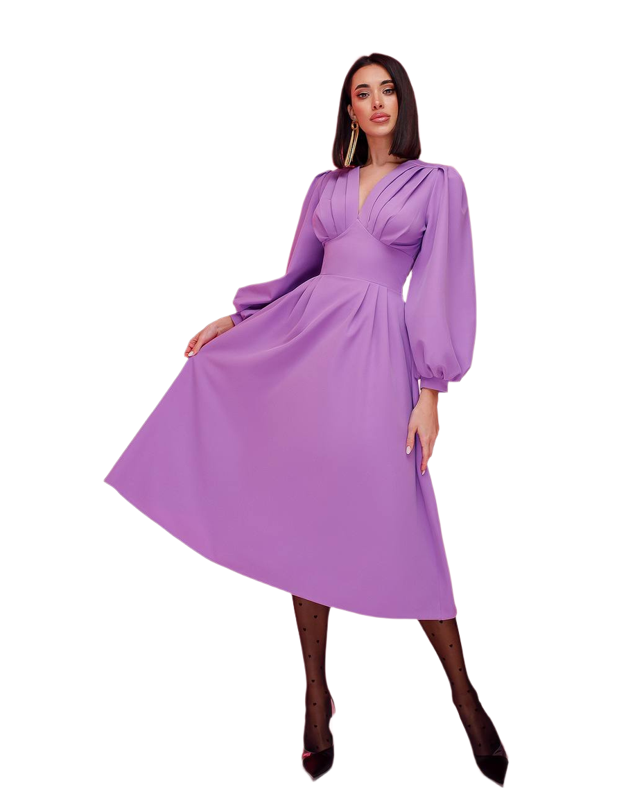 Elegant Purple Midi Dress with Pleated Bodice and Balloon Sleeves