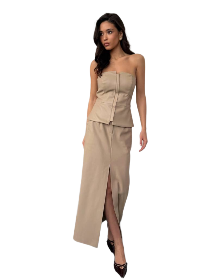 Midi Eco Leather Skirt with Slit for Women