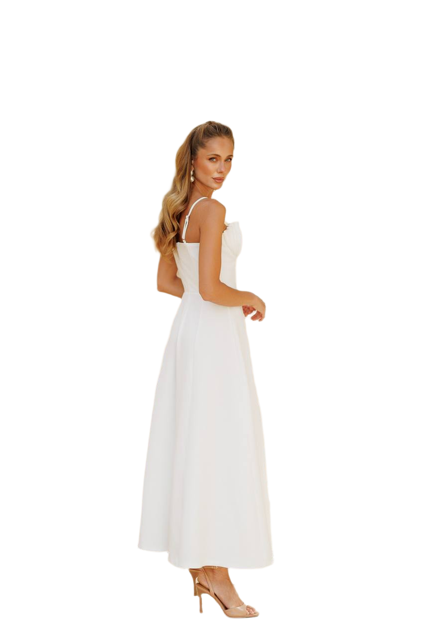 Woman wearing a white dress on a white background