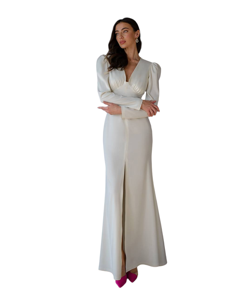 Elegant White Maxi Dress with Deep V Neck and Front Slit