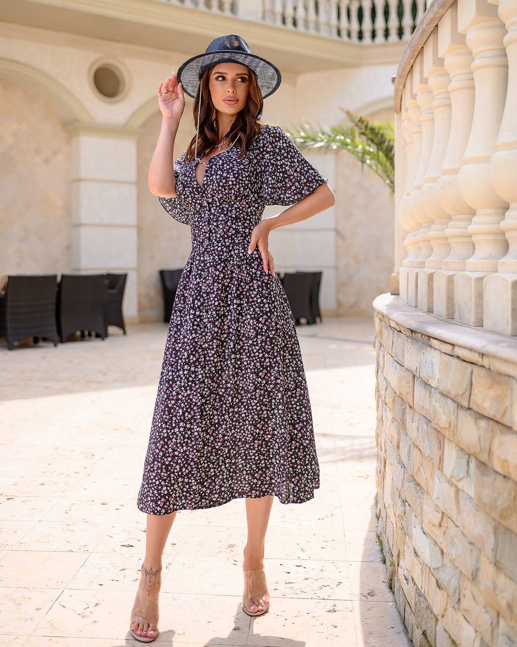 Floral Printed Staple Fabric Midi Dress for Women
