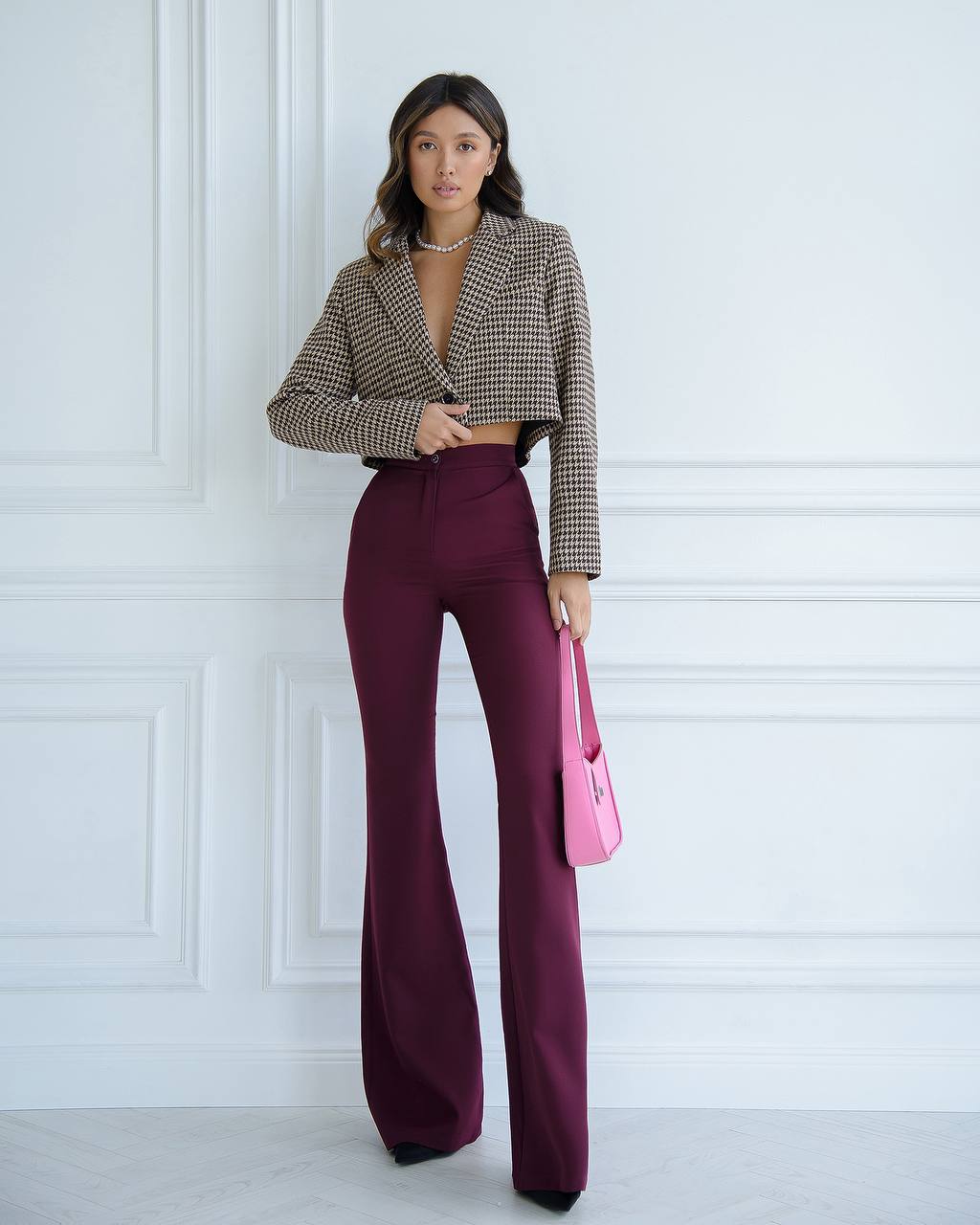 Women's Premium Houndstooth Pattern Blazer Cropped Suit Jacket