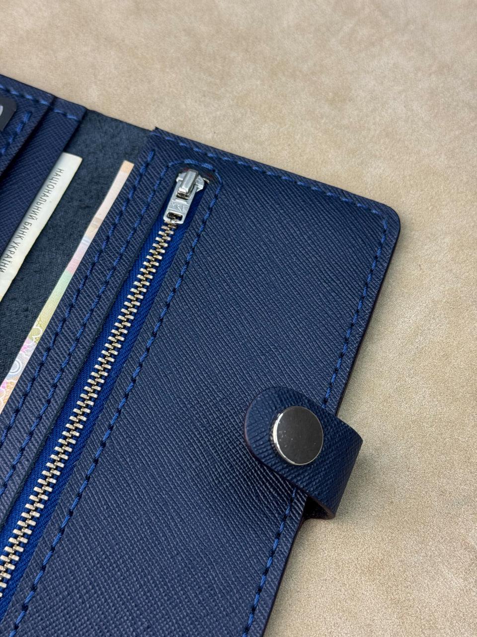 Handmade Mens Leather Wallet Saffiano Blue Long Wallet with Coin Pocket Gift for Him