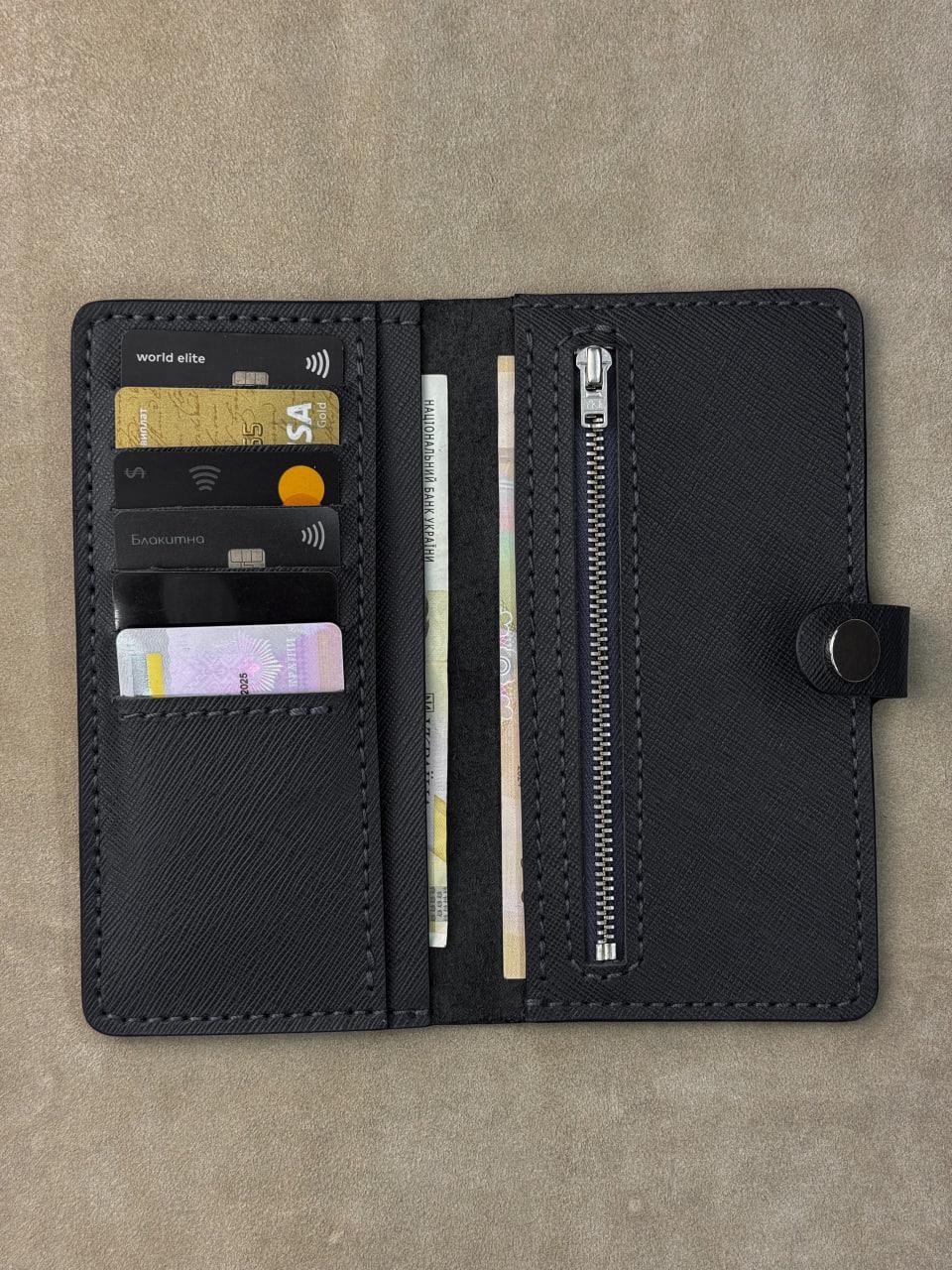 A black textured leather wallet shown open, displaying its interior compartments including card slots with sample credit cards, a vertical card slot, a zipper pocket, and a snap-button closure, set against a neutral textured background.