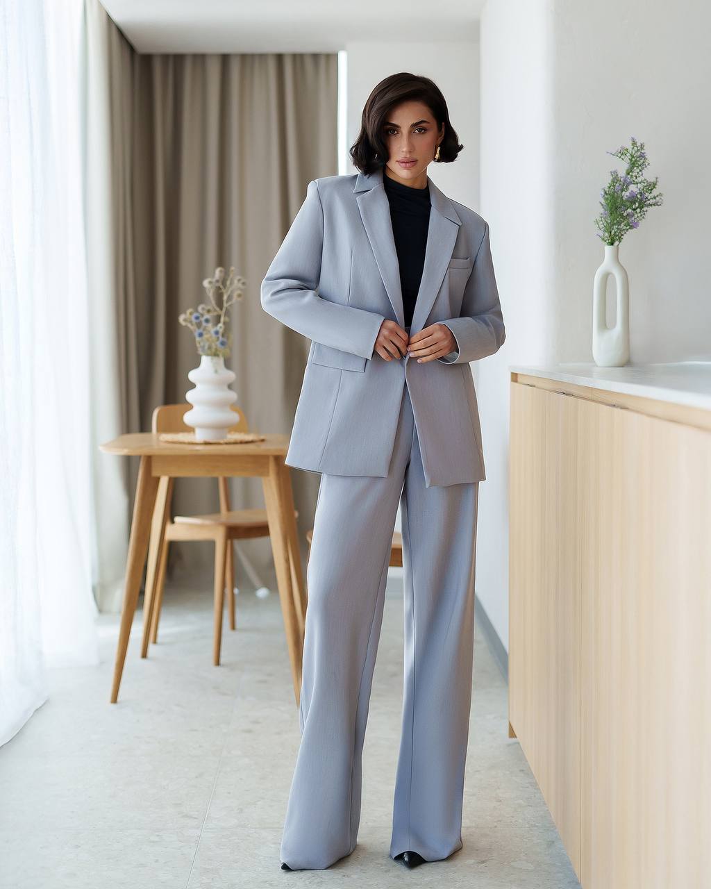 Premium Women Suit Jacket and Pants in Gray Blue