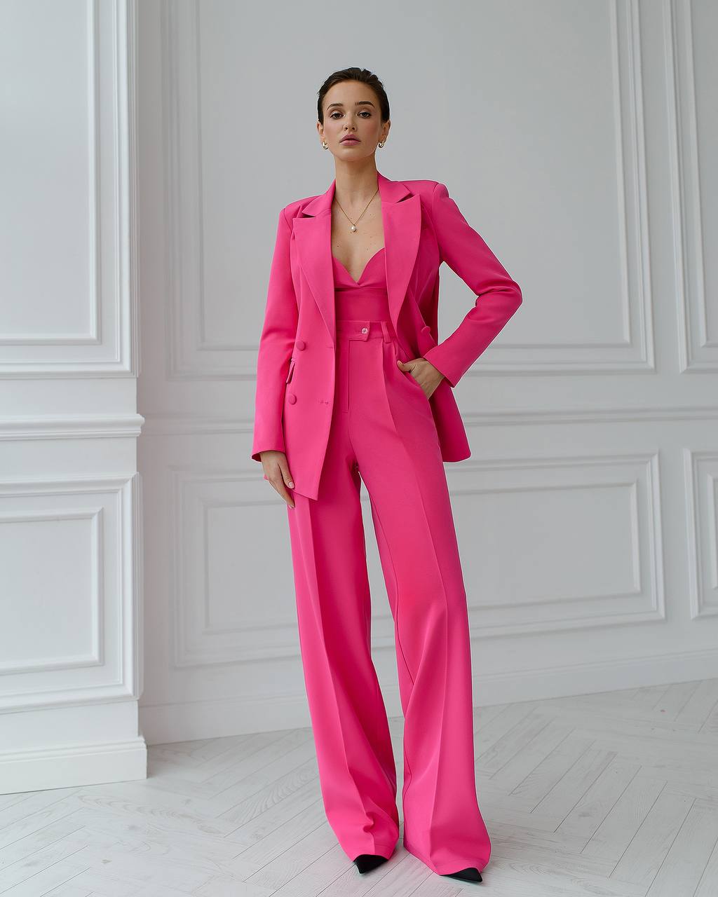 Prom Bridal Wedding Cocktail Graduation Pink Three-Piece Women Suit Jacket Top Trousers Pantsuit Palazzo Pants