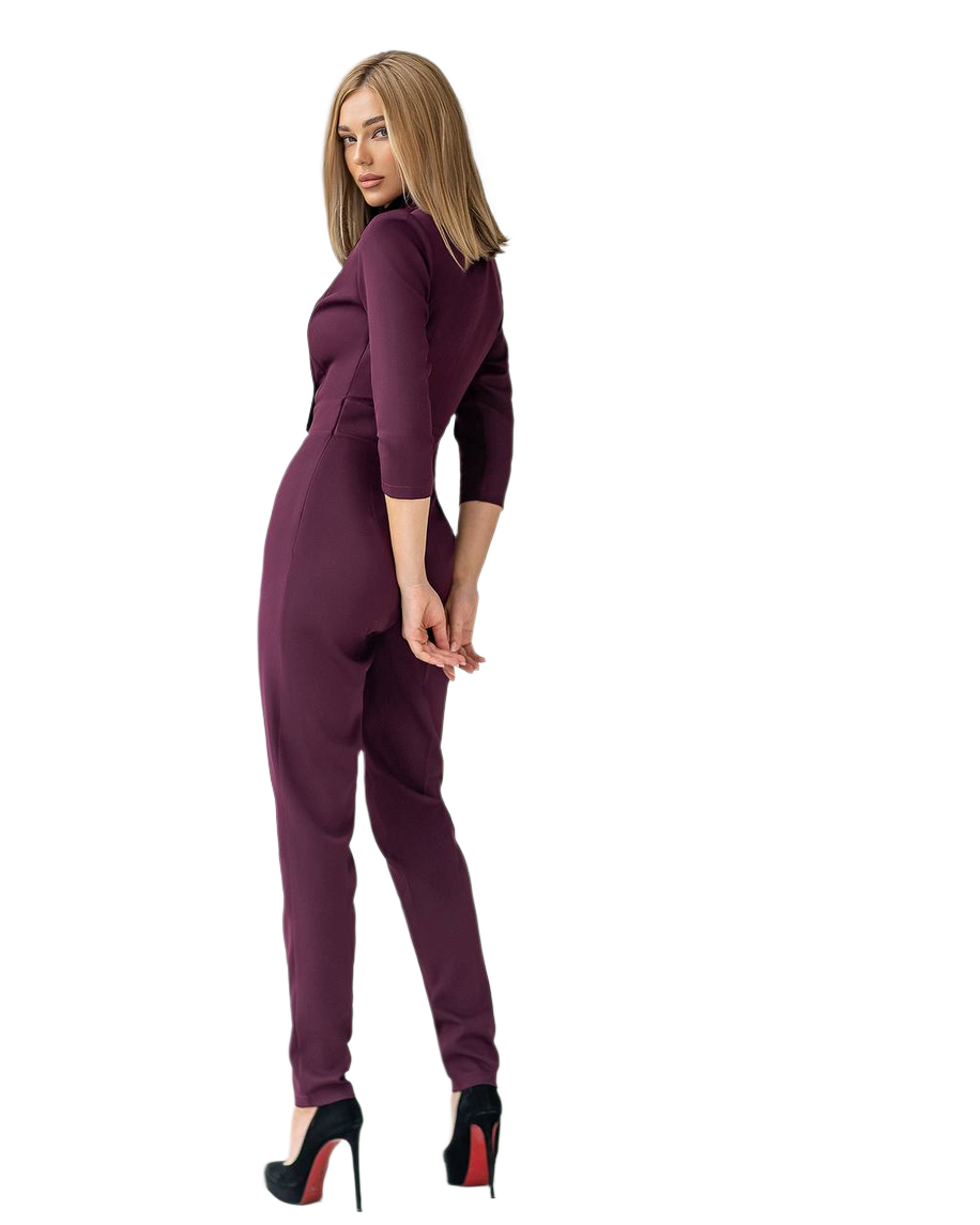Woman wearing a purple jumpsuit on a white background