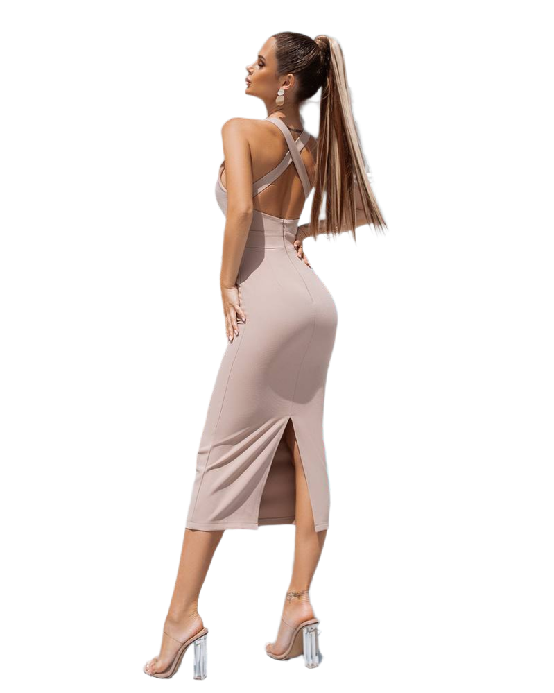 Elegant Tiar Fabric Midi Dress with Cross Back Straps