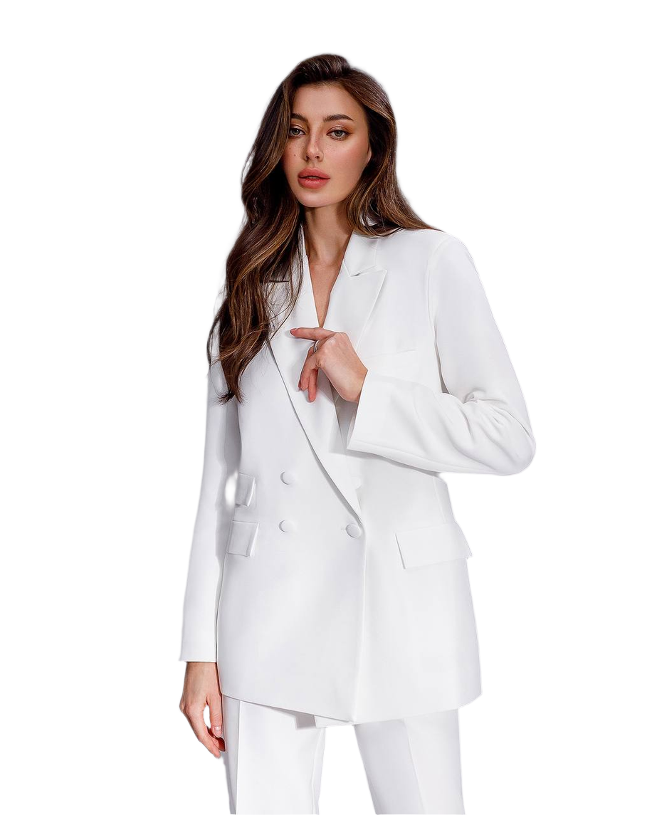 Woman wearing a white suit on a white background
