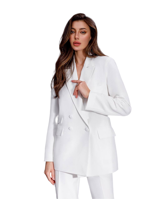 Woman wearing a white suit on a white background