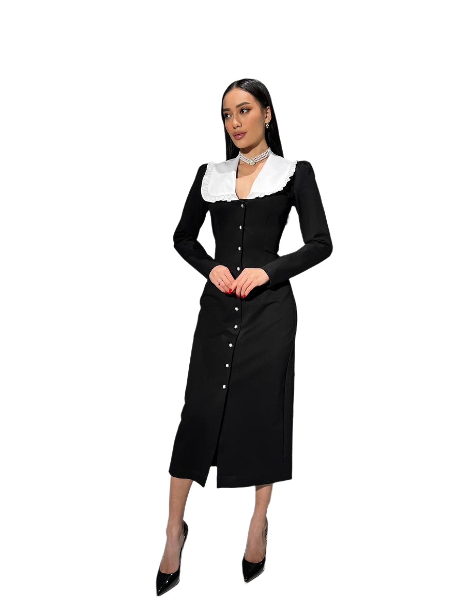 Elegant Black Midi Dress with White Frilled Collar for Women
