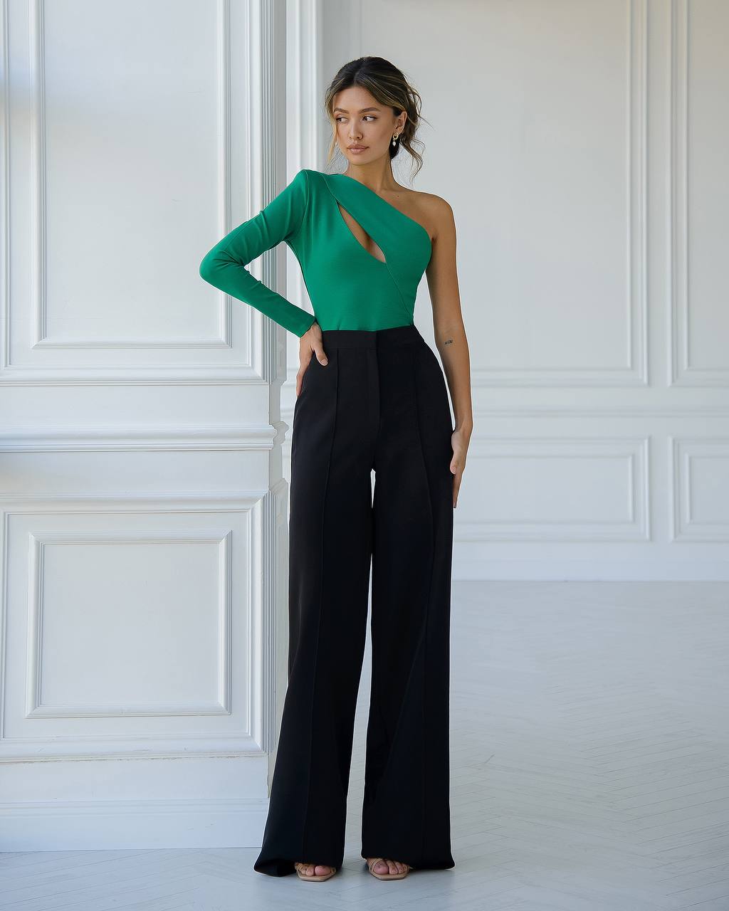 Womens One Sleeve Cutout Top in Grass Green Dense Jersey Knit