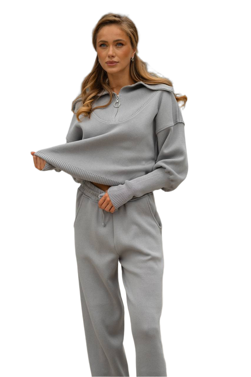 Lux Women's Grey Two-Piece Sweater and Pants Suit Merino Wool Blend