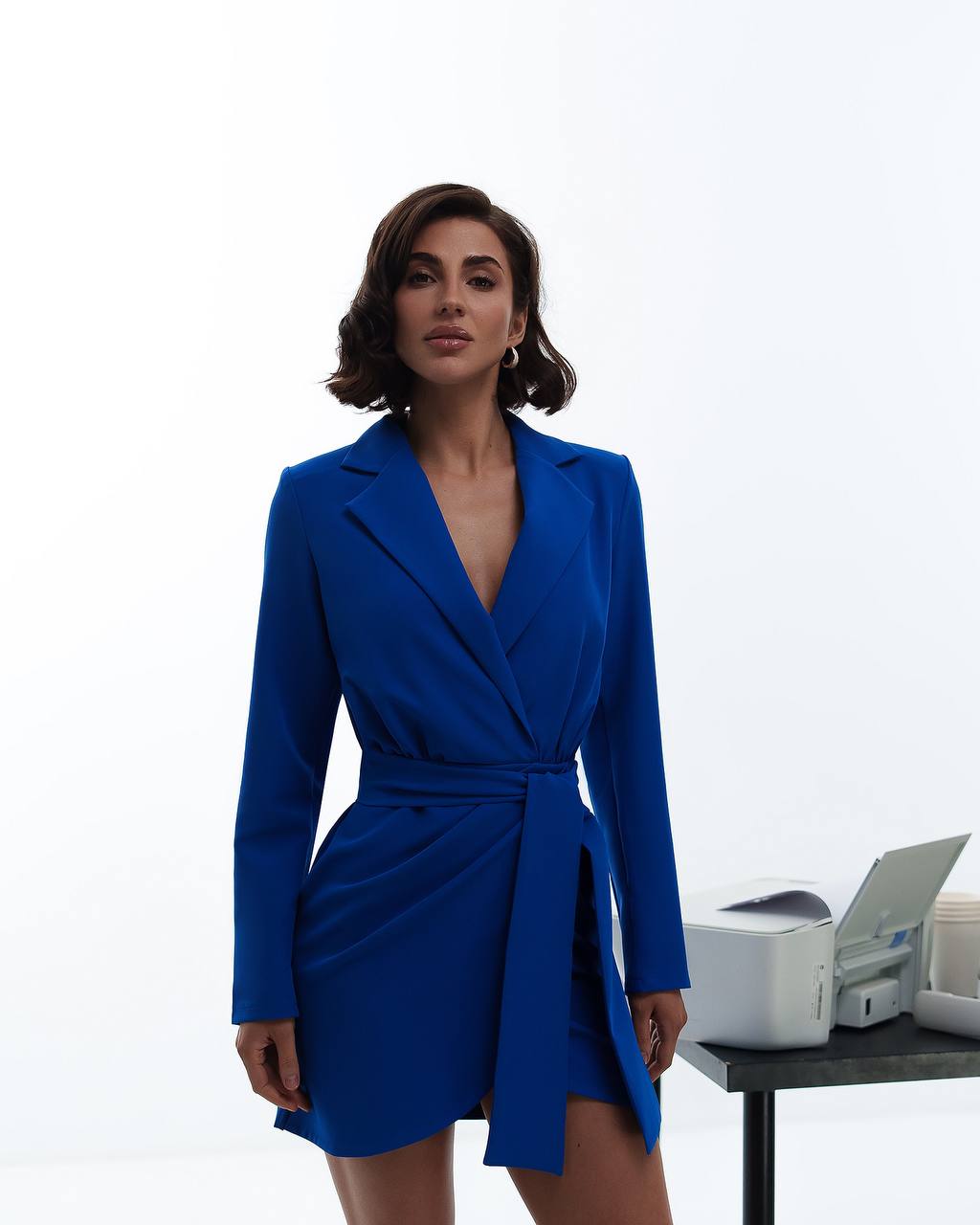Elegant Women Suit Dress in Blue Premium Crepe Diagonal Fabric