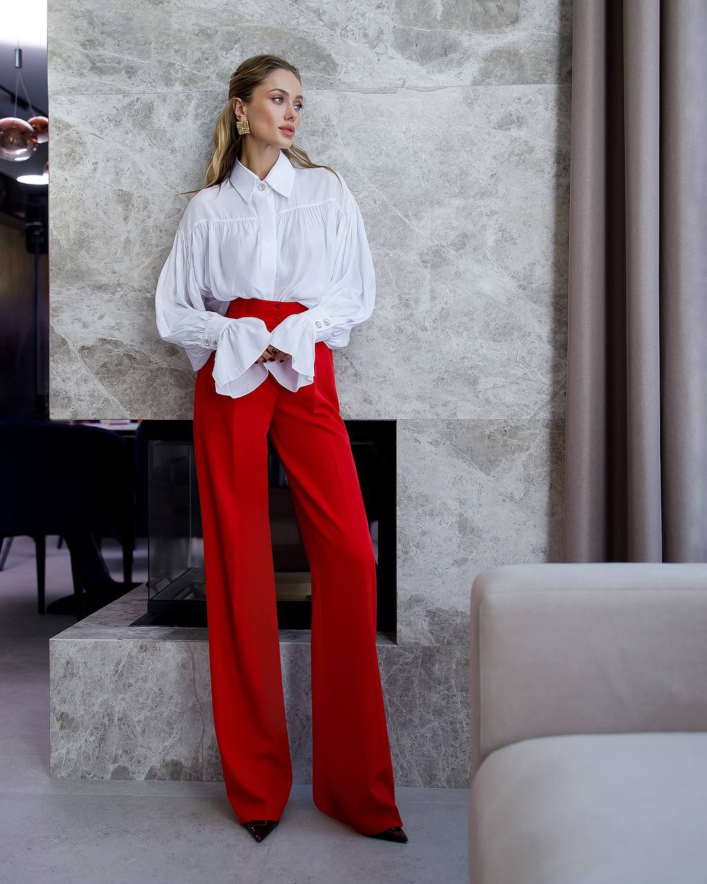 Women's High Waist Wide Leg Trousers in Suiting Crepe Diagonal Fabric