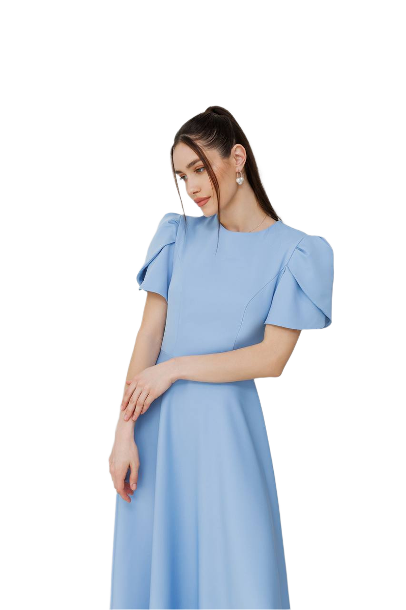 Elegant Diagonal Crepe Long Dress with Puff Sleeves for Women