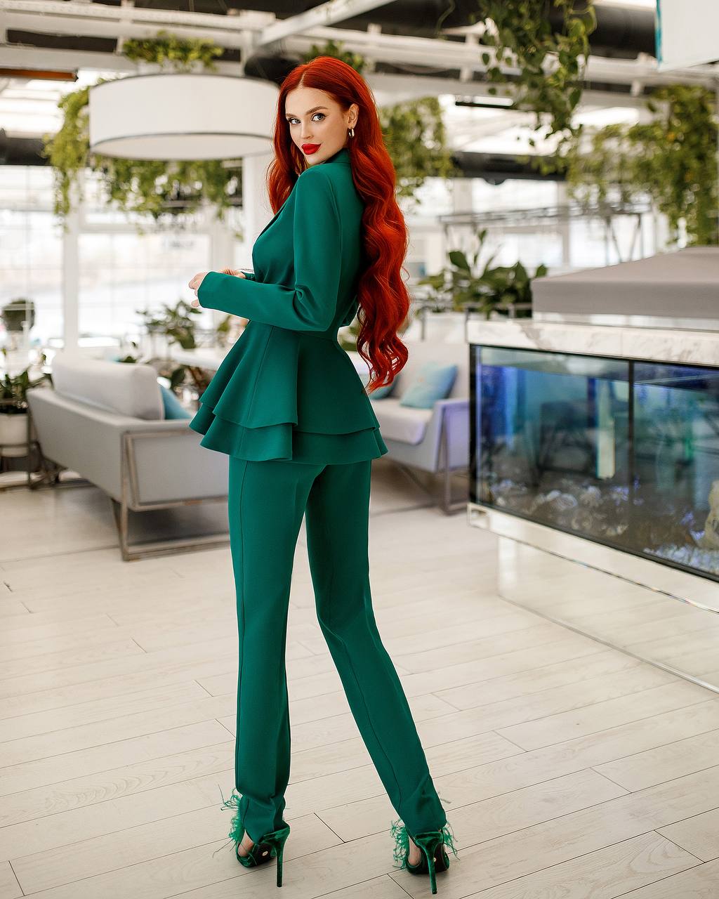 Premium Diagonal Crepe Women Suit with Peplum Jacket in Green