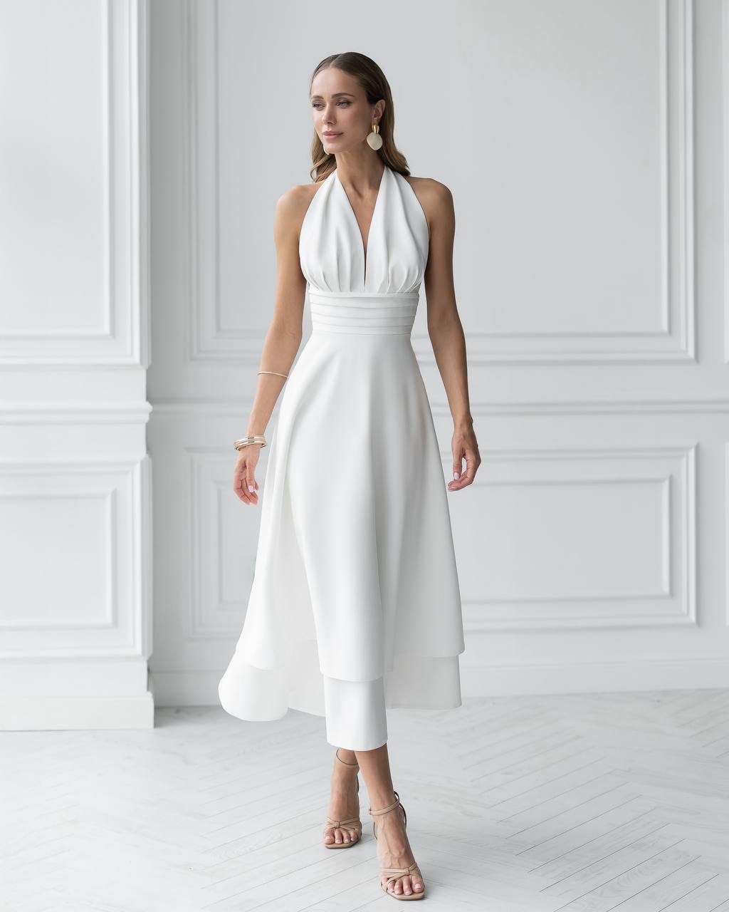 Elegant White Halter Neck Premium Crepe Dress for Women