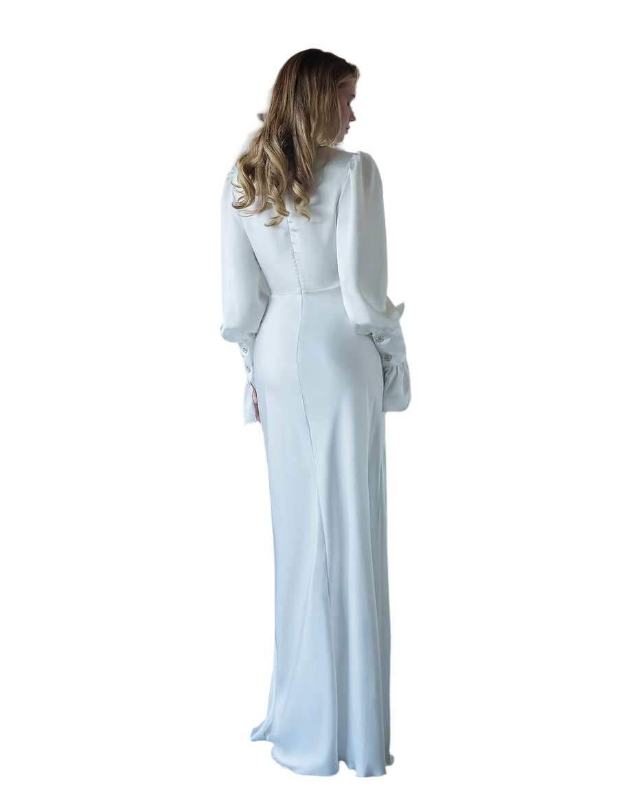 Elegant Long Satin Dress with Ruffle Sleeves for Women