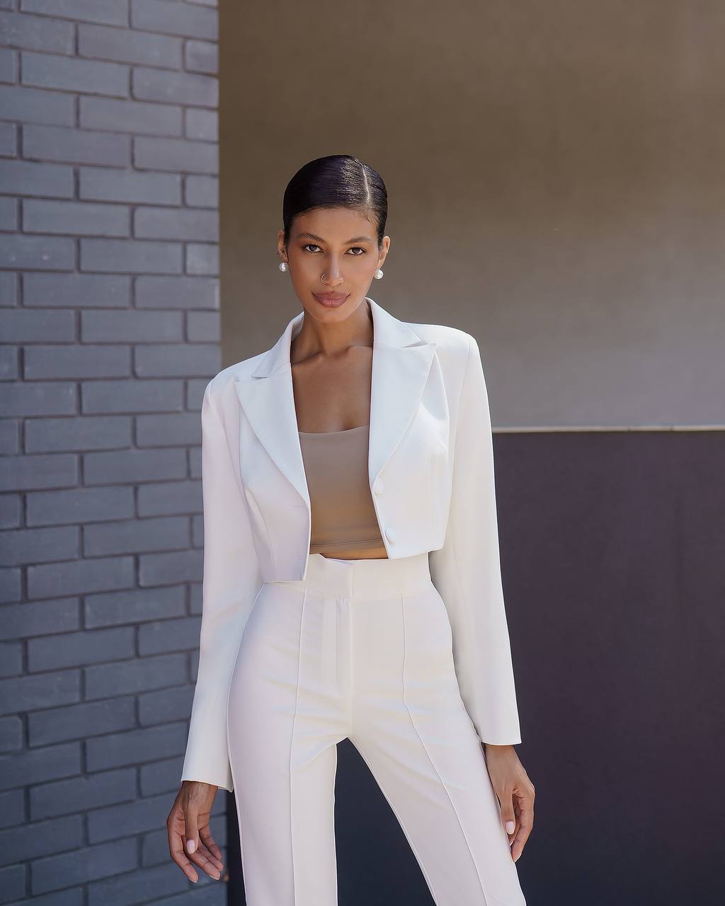 Premium Diagonal Crepe Women's Suit Blazer with Lining and Trousers in White
