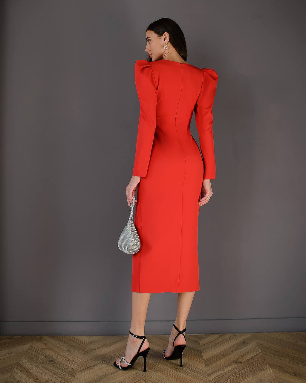 Womens Elegant Midi Dress in Premium Crepe Fabric with Long Sleeves