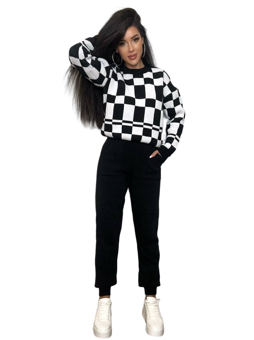 Womens Knitted Suit in Black and White Checkered Pattern