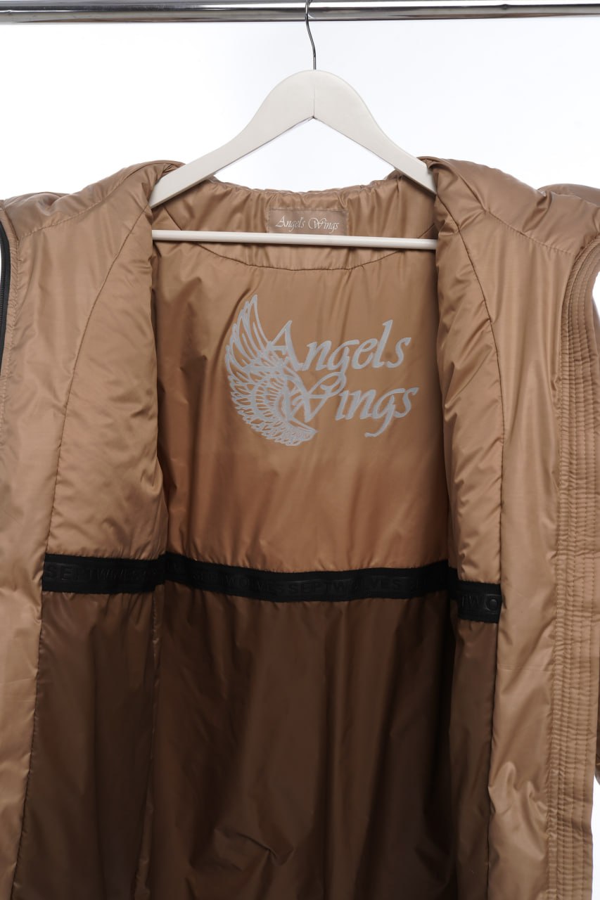 Brown jacket with 'Angels Wings' text on a hanger