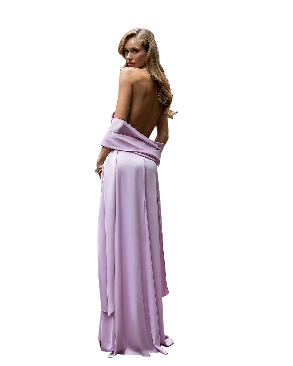 Woman wearing a long, light purple dress with a draped effect on a white background